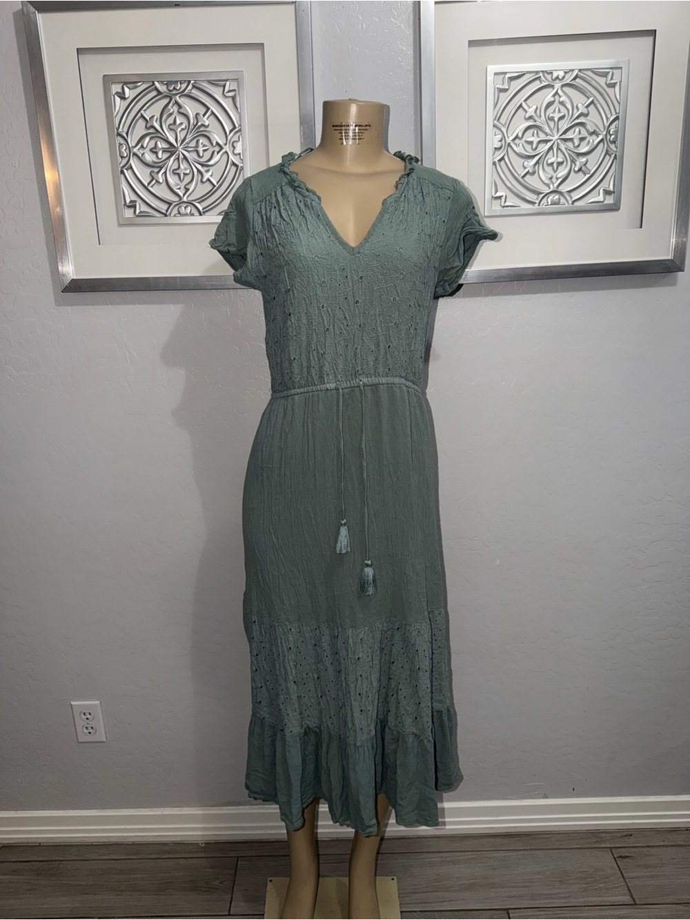Sonoma Sage Green Tiered Midi Dress with Tassel Tie